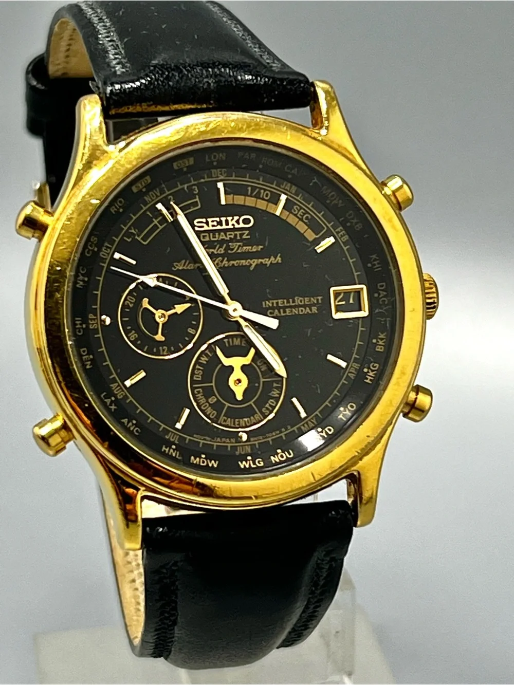 Seiko World Timer 6M15-7038 Black Dial Quartz Alarm Chronograph Mens Wrist Watch